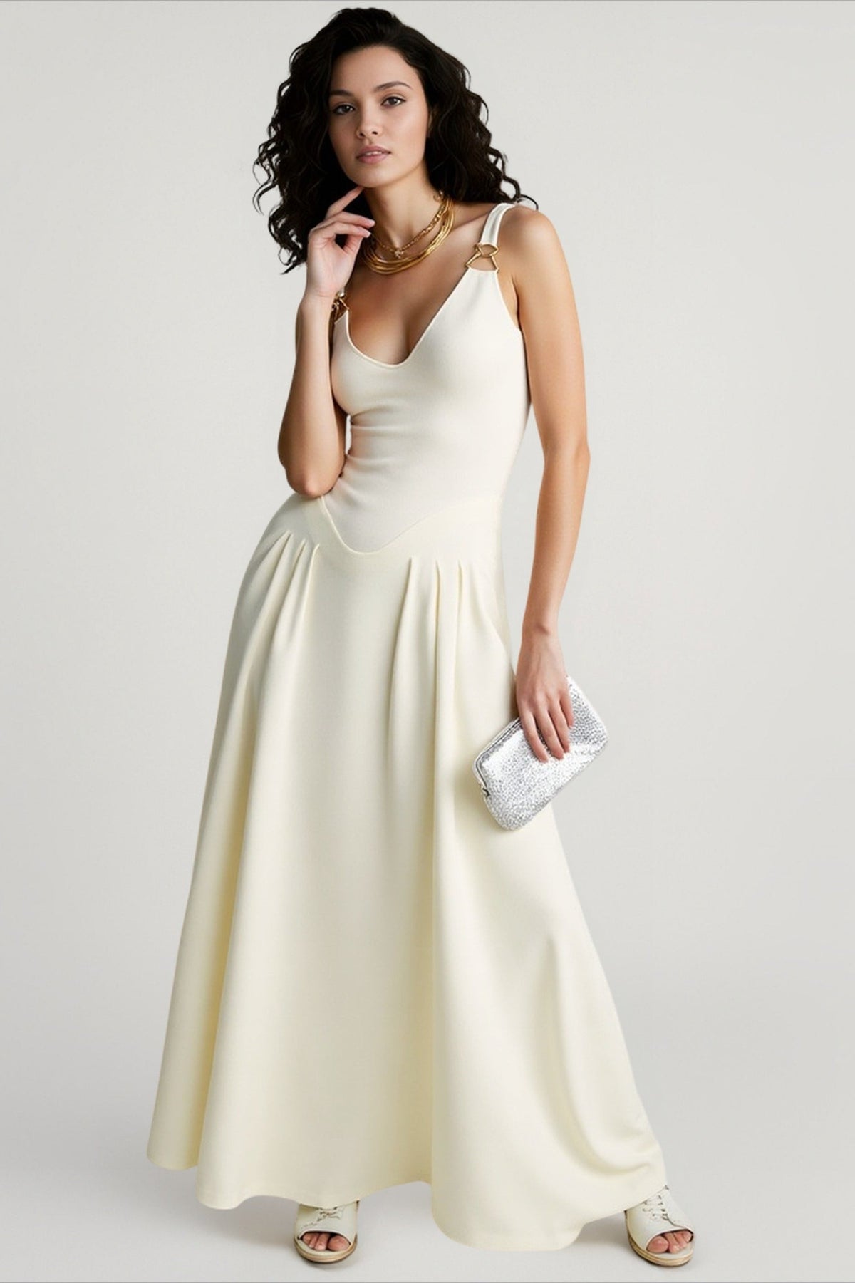 Spaghetti Strap Mesh Maxi Dress in Apricot