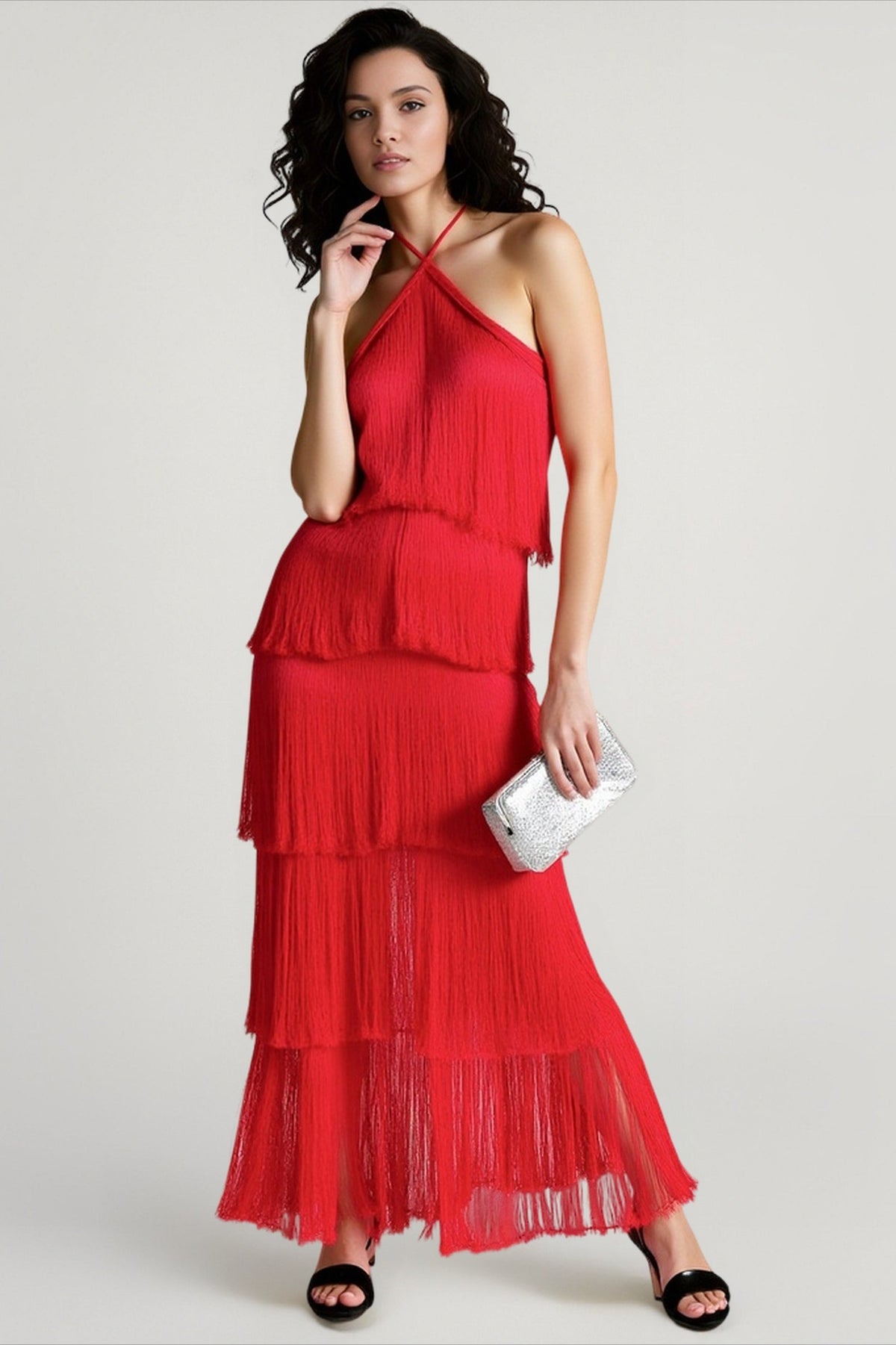 Chic Halter Fringe Backless Slit Cocktail Dress - View 4