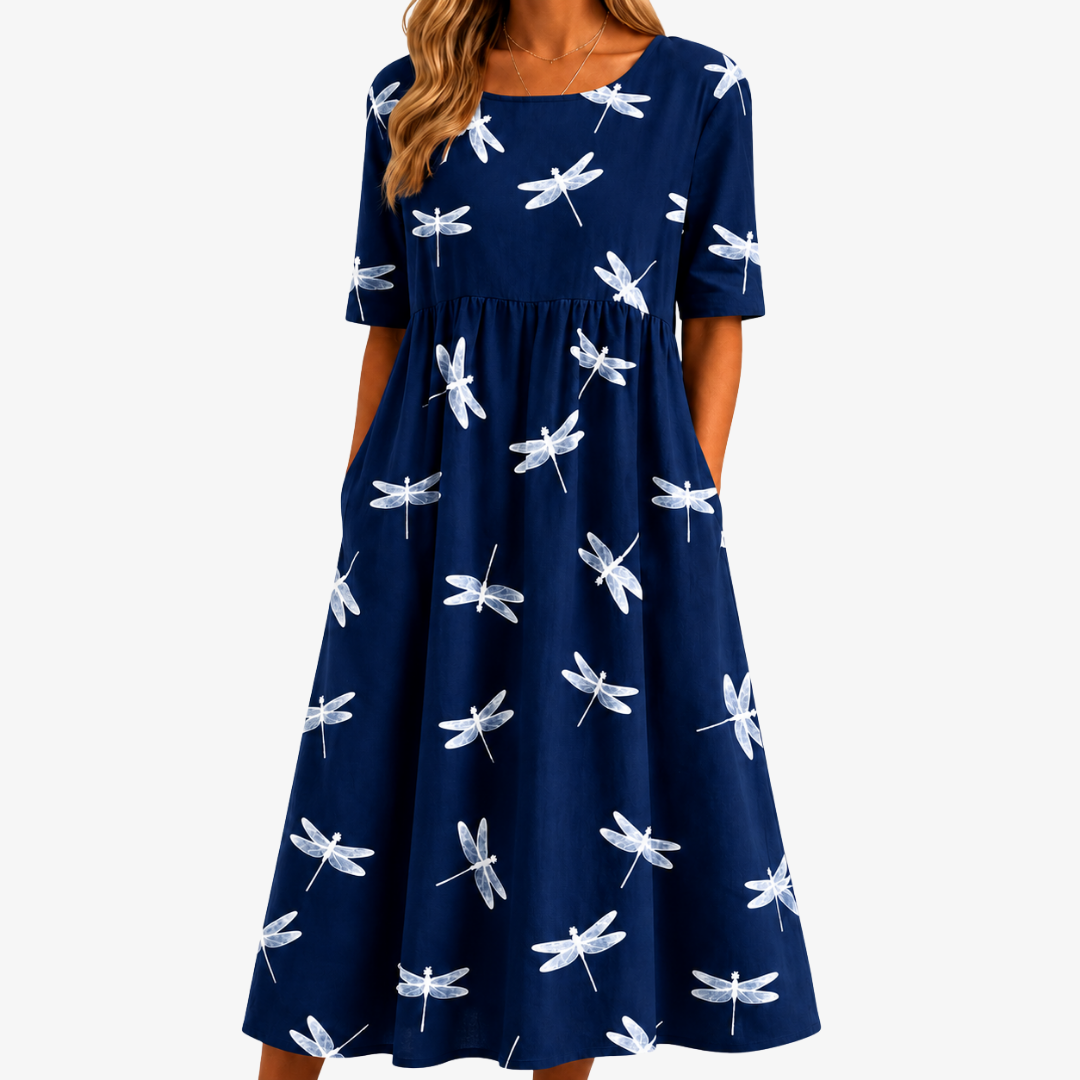 Dragonfly Print Square Neck Short Sleeve Fit and Flare Midi Dress