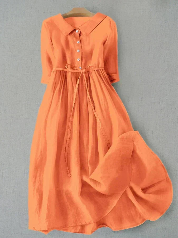 Collared Button Down Three Quarter Sleeve Tie Waist Gathered Woven Maxi Shirt Dress - View 3