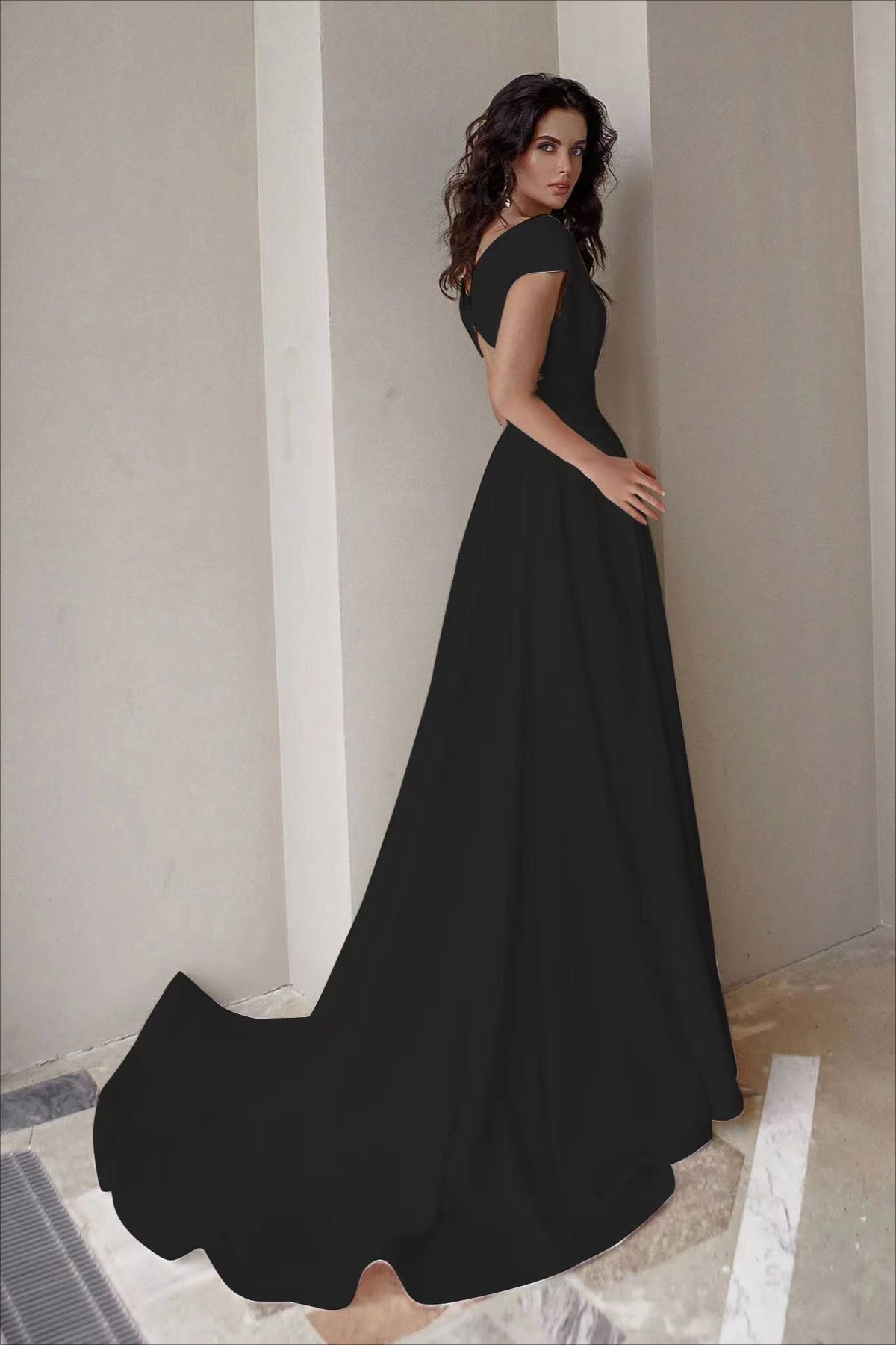 Satin Cap Sleeve A-Line Wedding Gown - View 7
