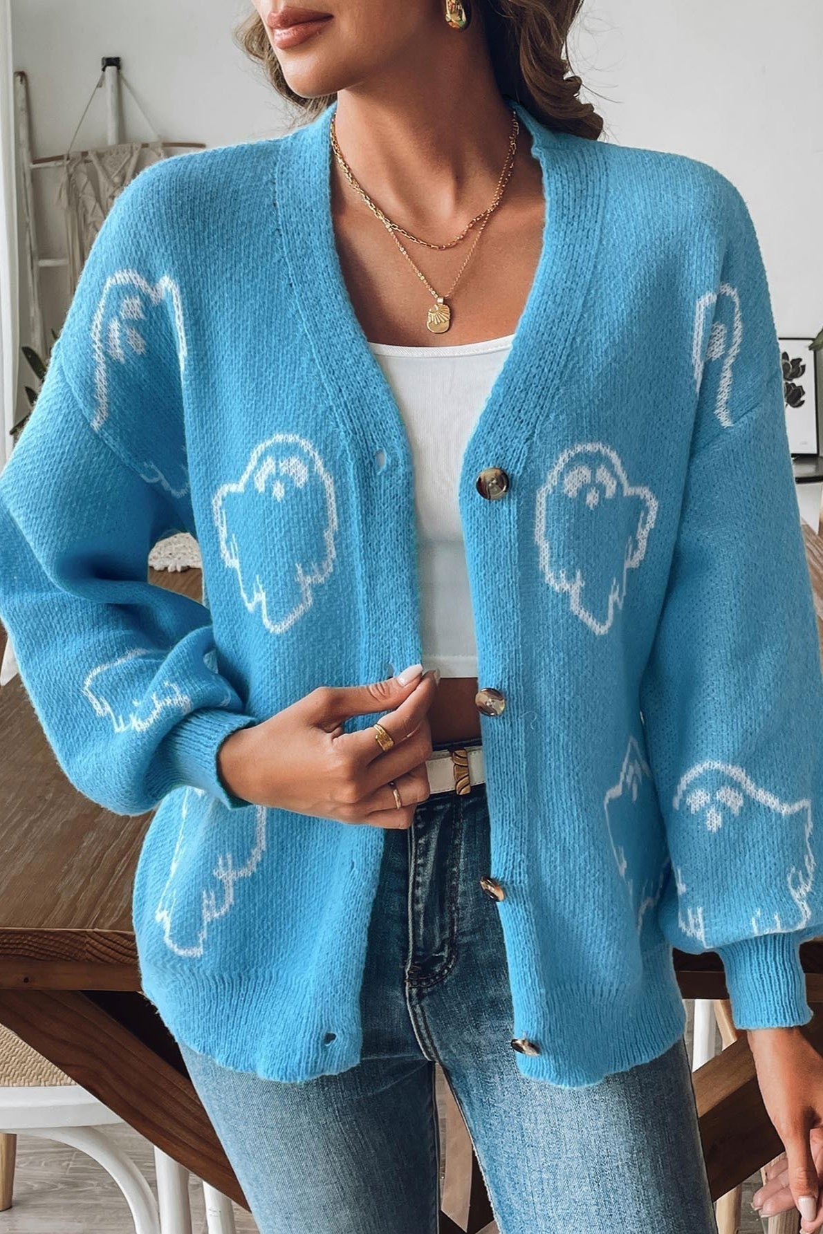 Jacquard Button Cardigan S / Blue