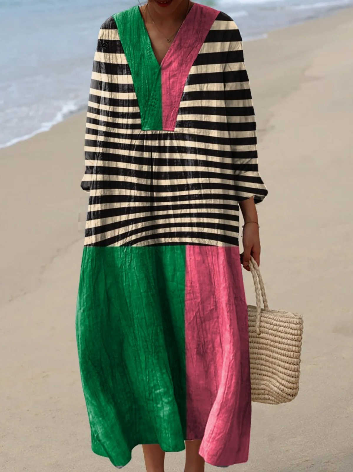 Striped Colorblock V-Neck Long Sleeve Maxi Dress