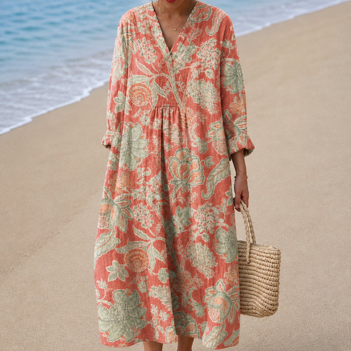 Floral V-Neck Long Sleeve Maxi Beach Dress