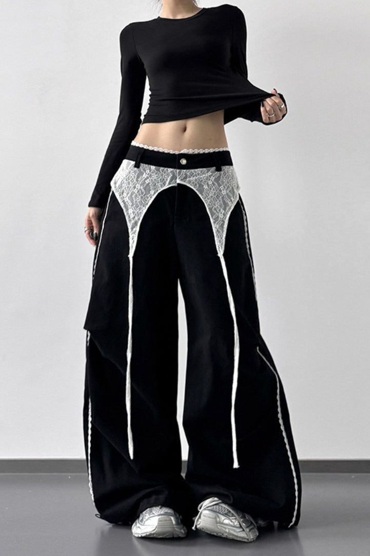 Vintage Lace Patchwork Bow High Waist Slim Wide Leg Pants