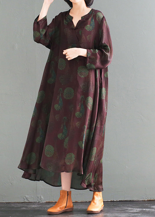 Medallion Print Mandarin Collar Frog Button High Low Maxi Dress - View 3