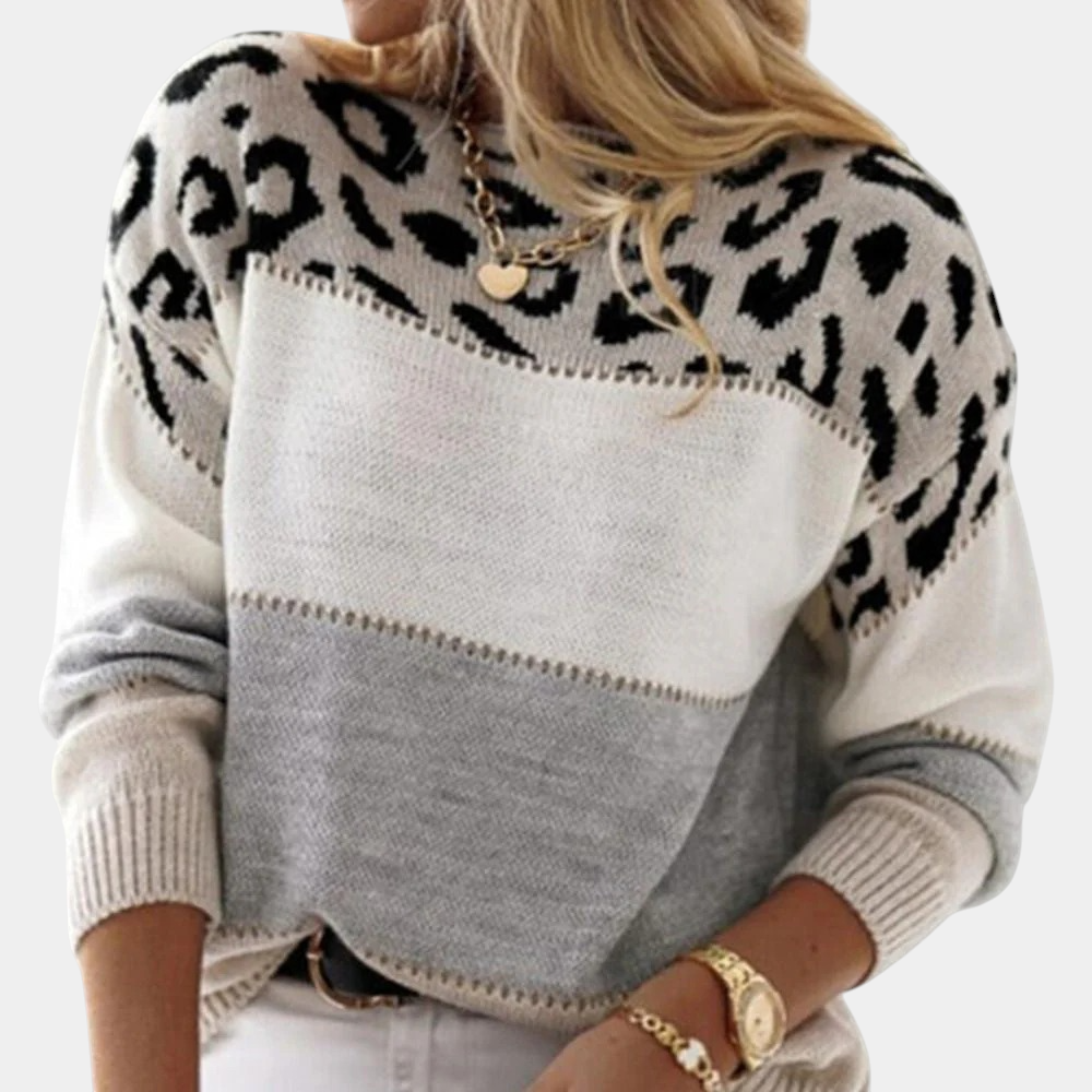 Leopard Colorblock Crew Neck Knit Sweater 2