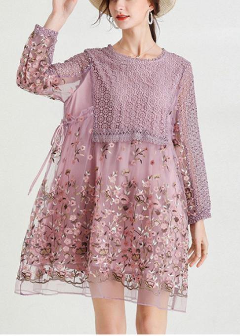 Lace Bodice Floral Embroidered Mesh Long Sleeve Mini Dress - View 2