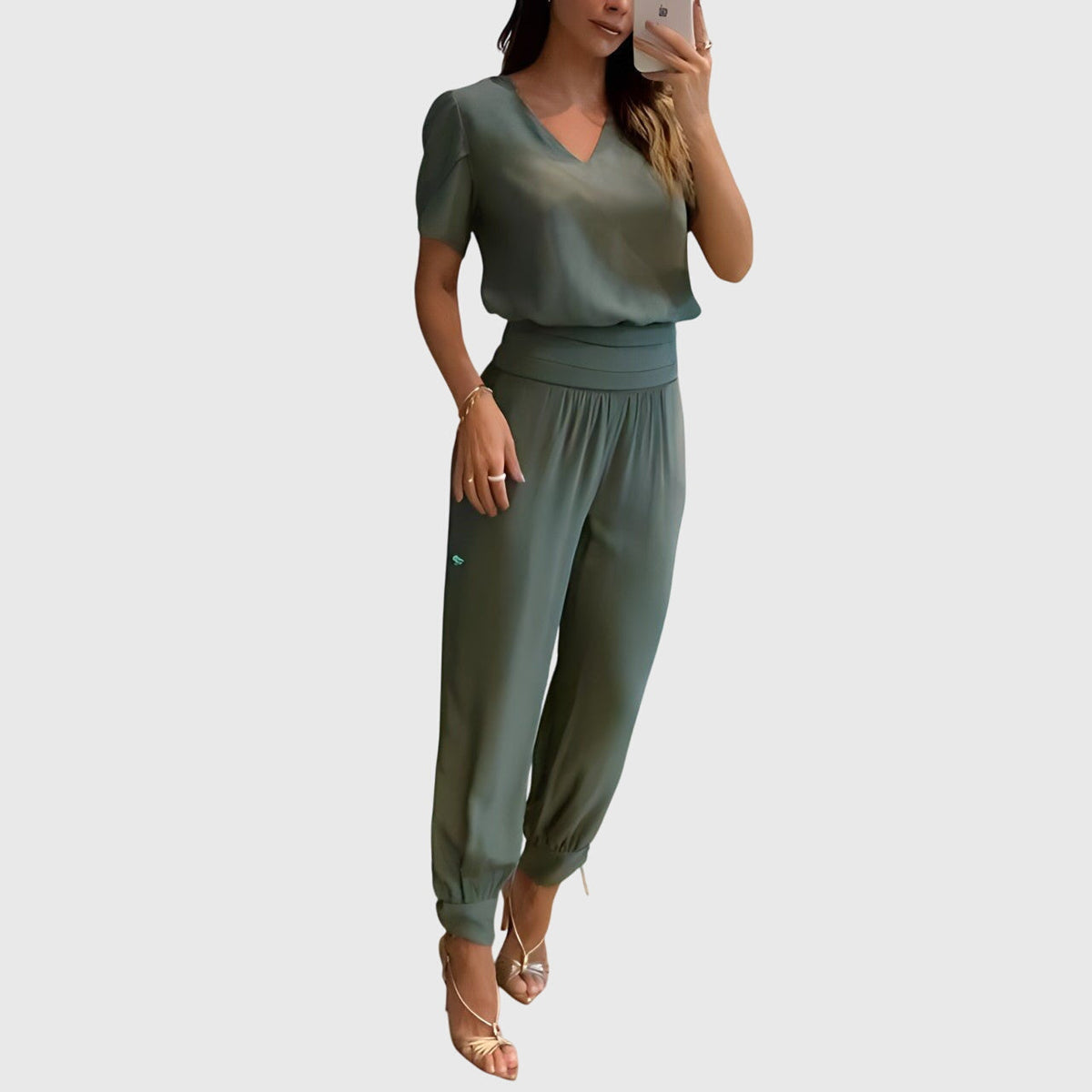 V-Neck Short Sleeve Top and Geometric Print Cuffed Pants Two Piece Set 4