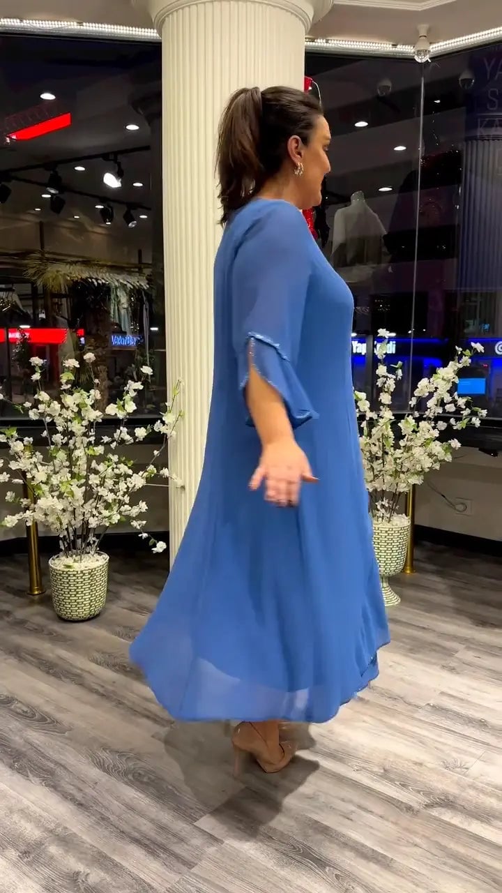 Chiffon Floral Applique Bell Sleeve A-Line Midi Dress - View 3