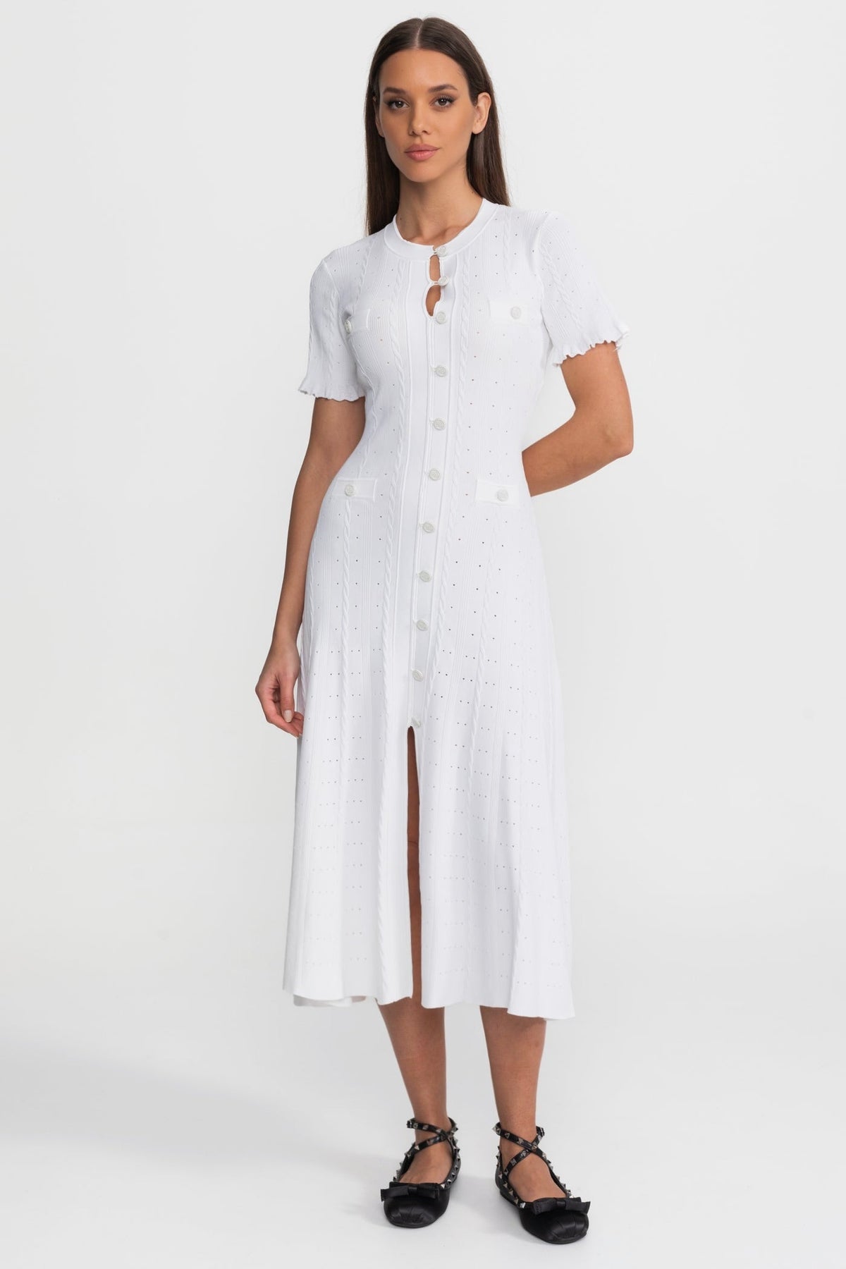 Knit Button-Front Midi Dress with Scalloped Sleeves – White