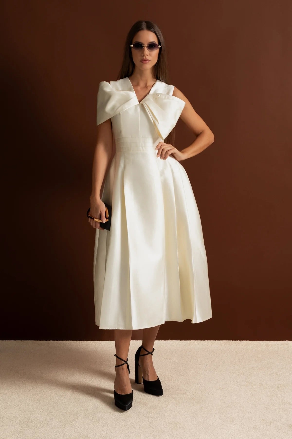 Off-Shoulder Satin Midi Dress With Draped Bow Detail – Ivoire