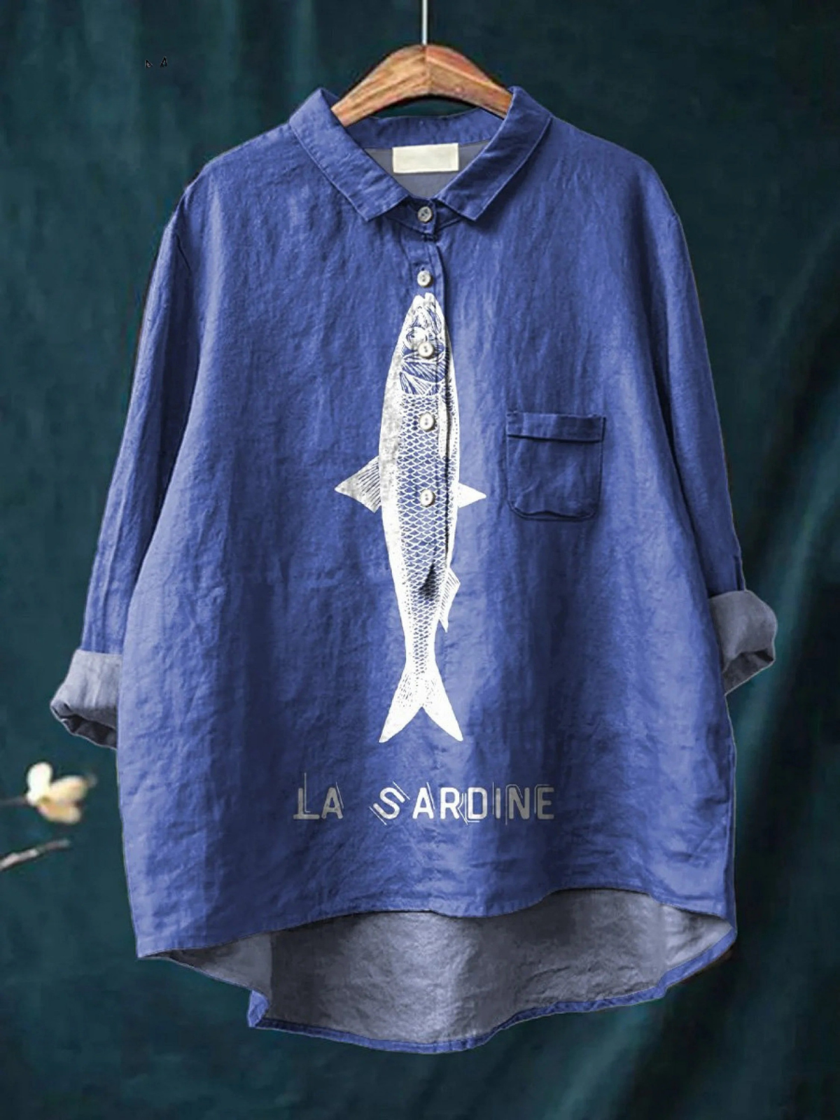 Sardine Fish Print Collared Long Sleeve Shirt