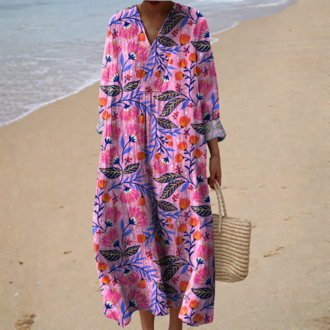 V-Neck Long Sleeve Floral Print Kaftan Maxi Dress