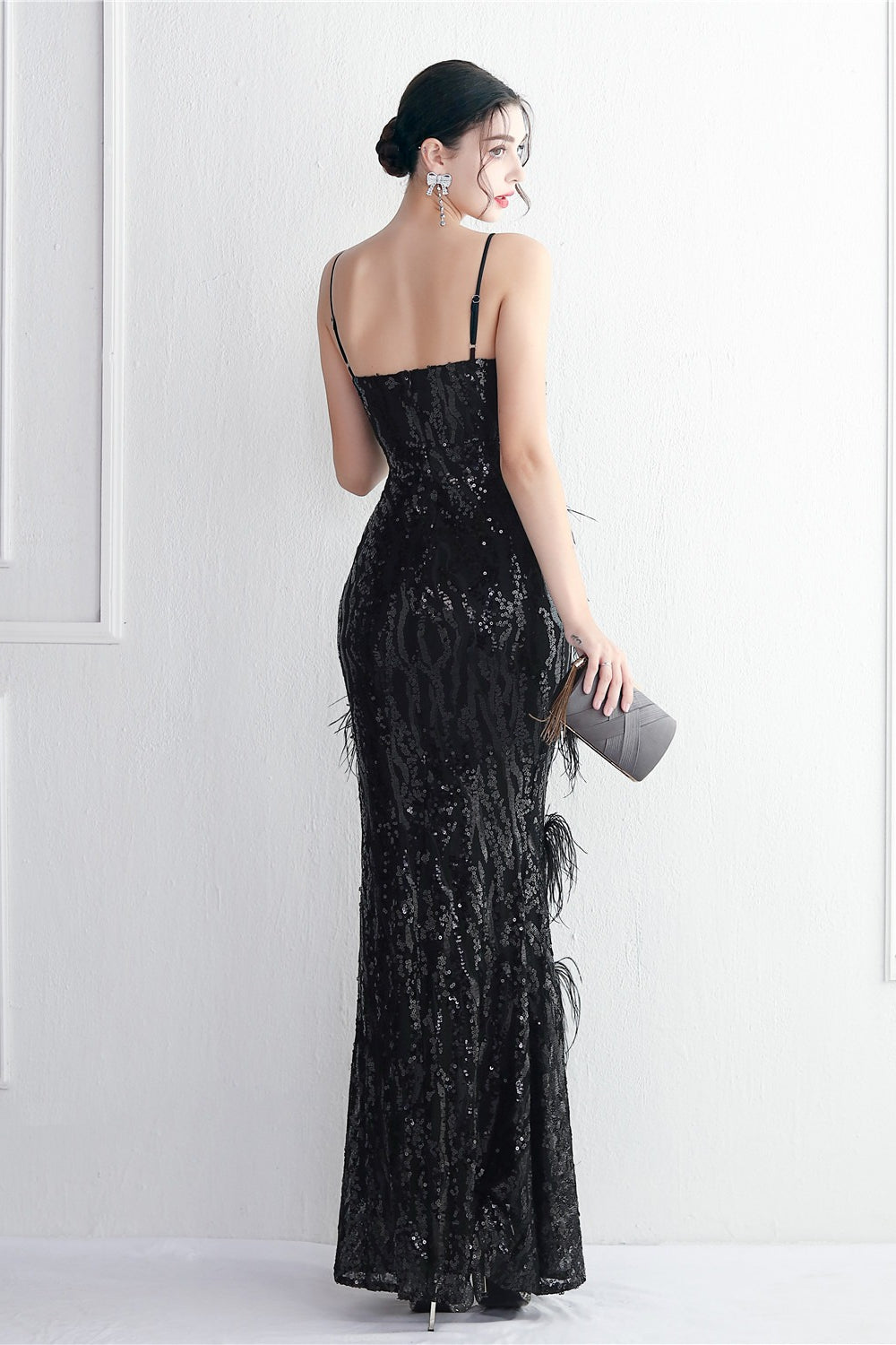 Sequin Deep V-Neck Spaghetti Strap Feather High Split Gown 36