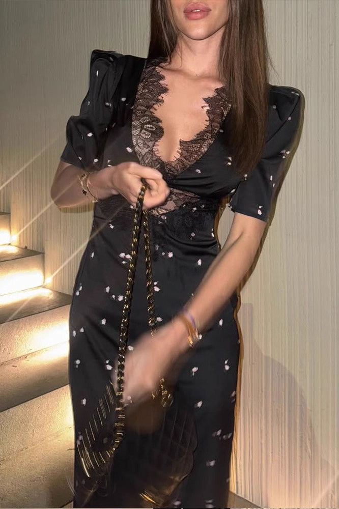 Deep V-Neck Lace Satin Dress