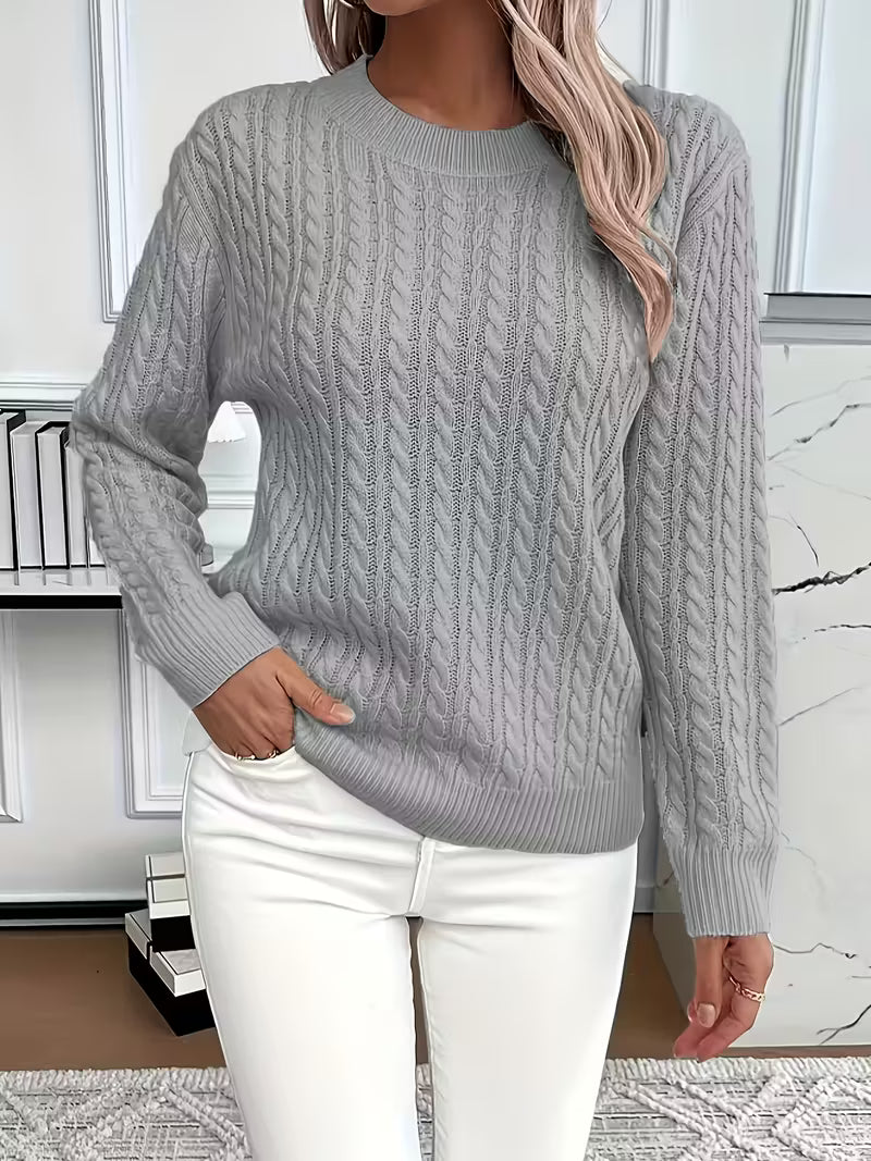 Crew Neck Long Sleeve Pointelle Cable Knit Sweater 10