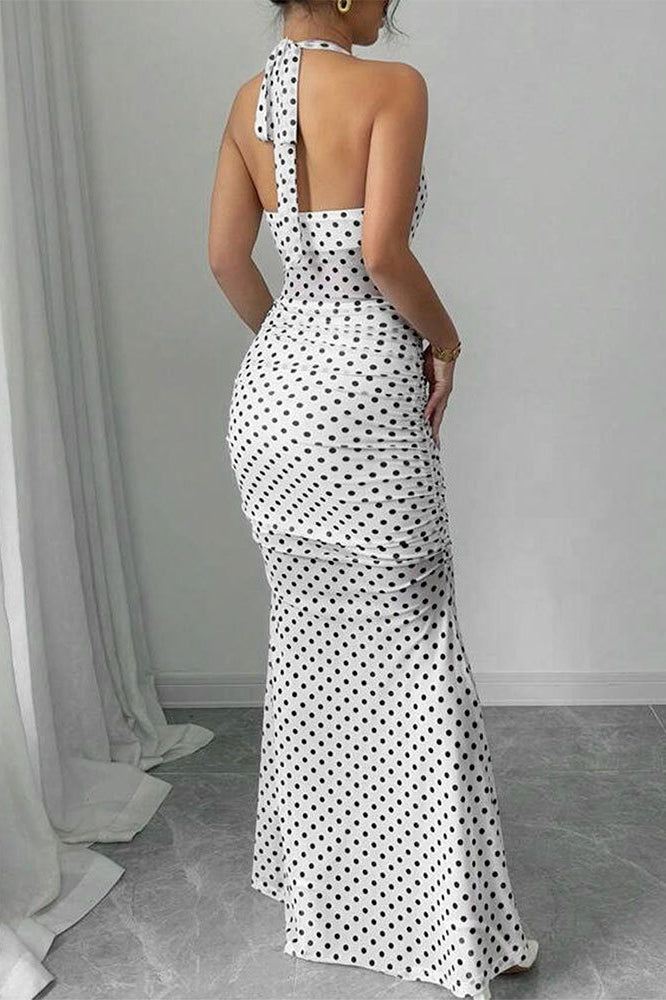 Polka Dot Backless Cami Mesh Maxi Dress in White - View 4