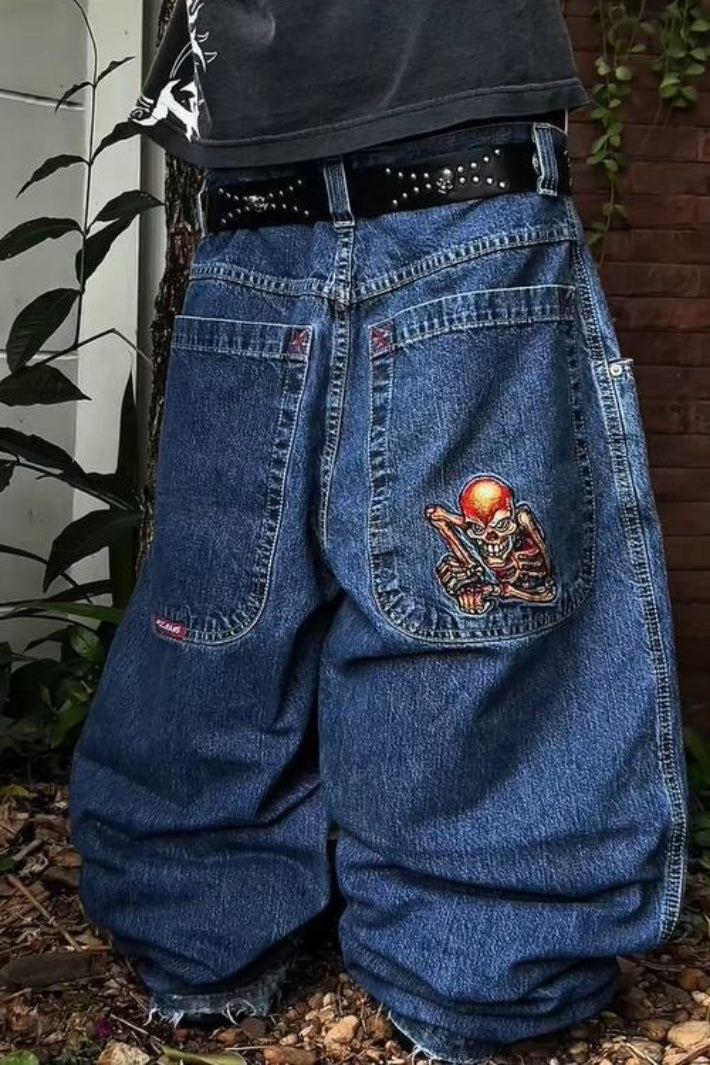 Embroidered Wide-Leg Denim Jeans