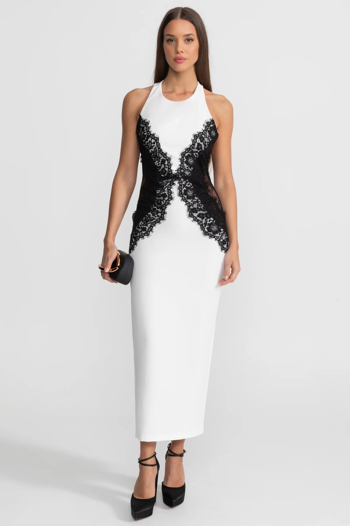 Halter Maxi Dress with Contrast Lace Panels – White