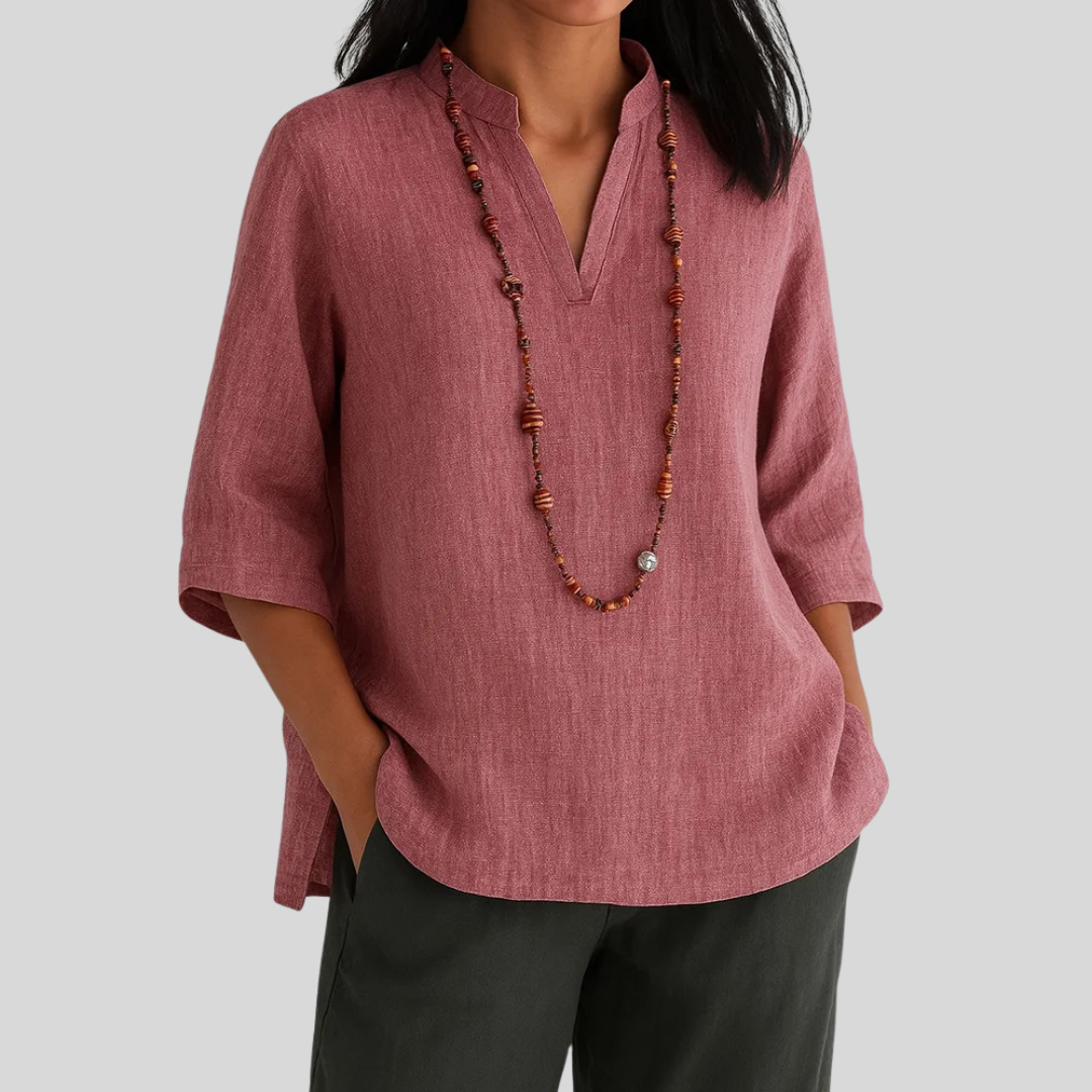 Notch V-Neck Half Sleeve Linen Look Top 4
