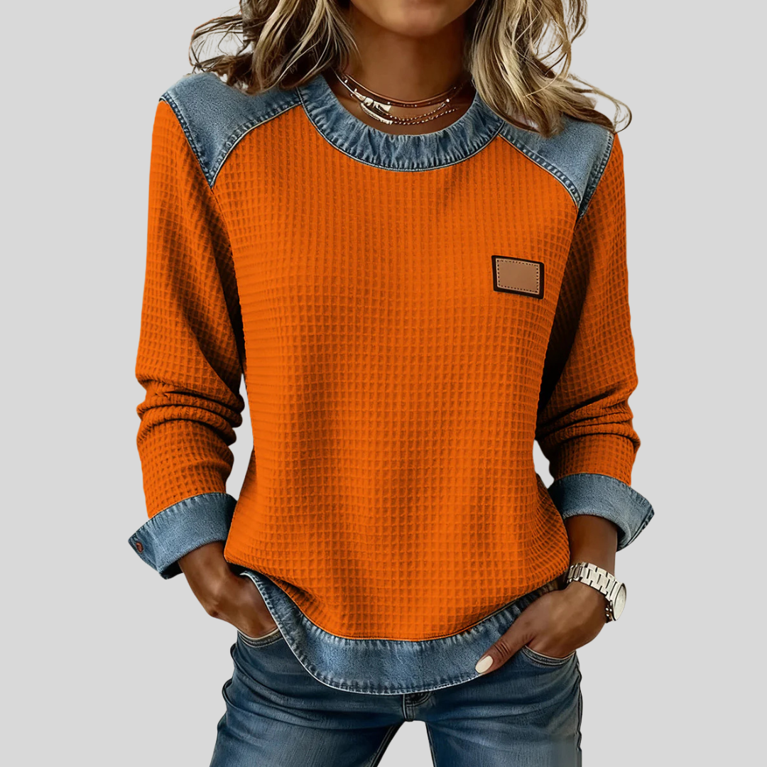 Denim Contrast Patchwork Crew Neck Waffle Knit Sweatshirt 3