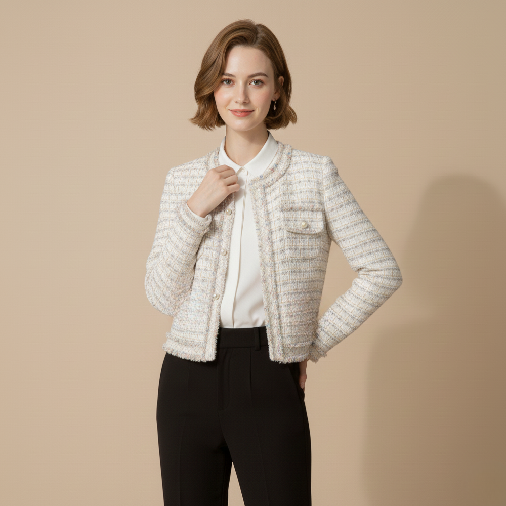 Tweed Check Round Neck Button Front Cropped Jacket 9