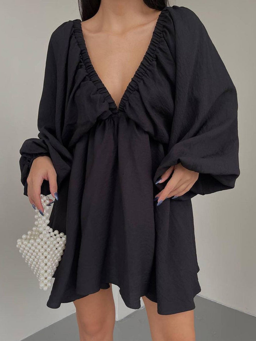 Deep V-Neck Balloon Sleeve Ruched Babydoll Mini Dress 4