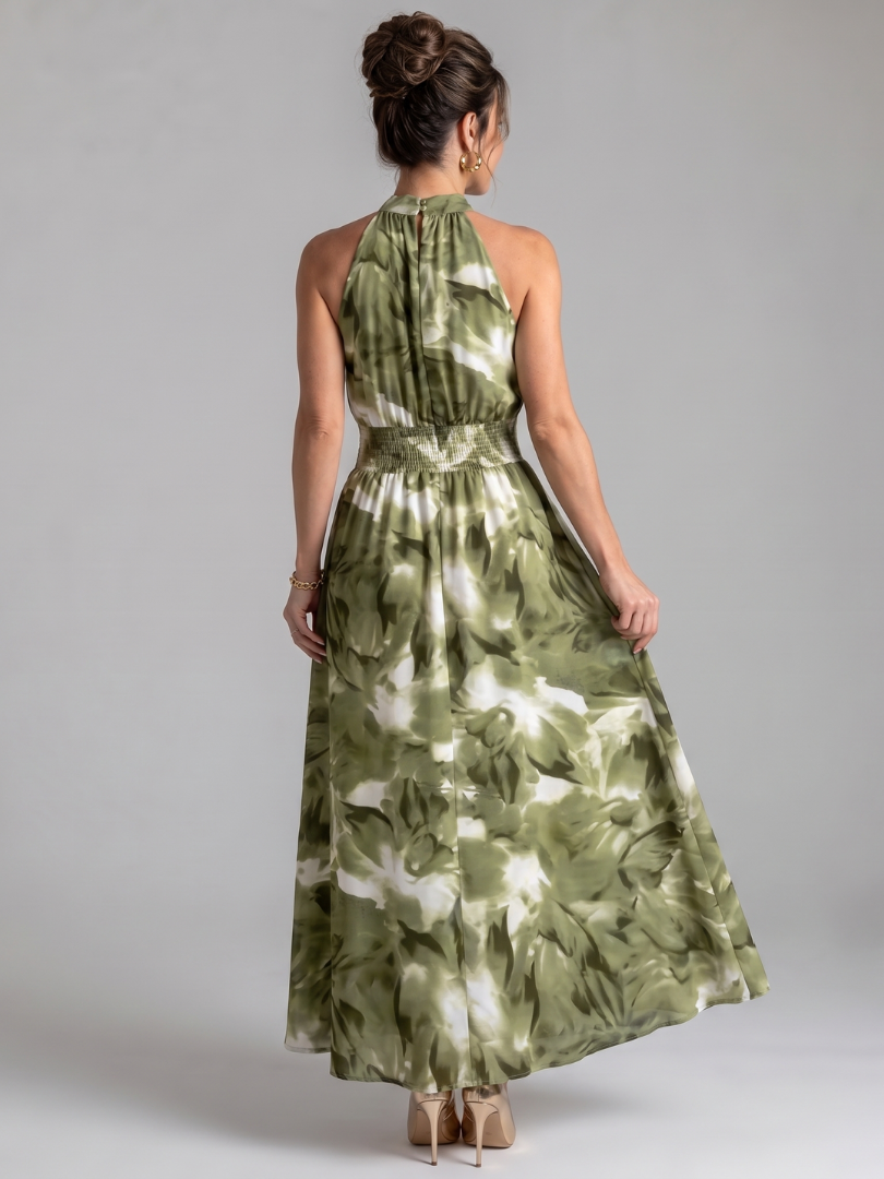 Halter Neck Smocked Waist Floral Print Maxi Dress 4
