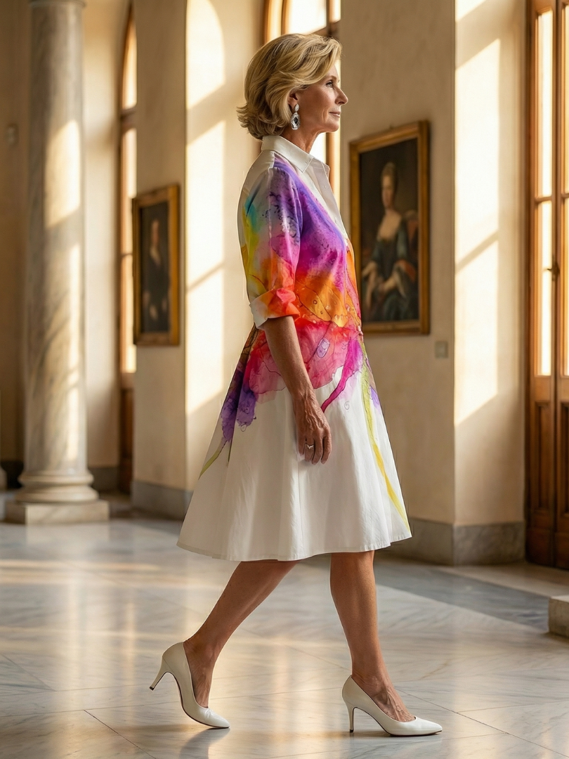 Watercolor Floral Collared Long Sleeve Shirt Dress 2