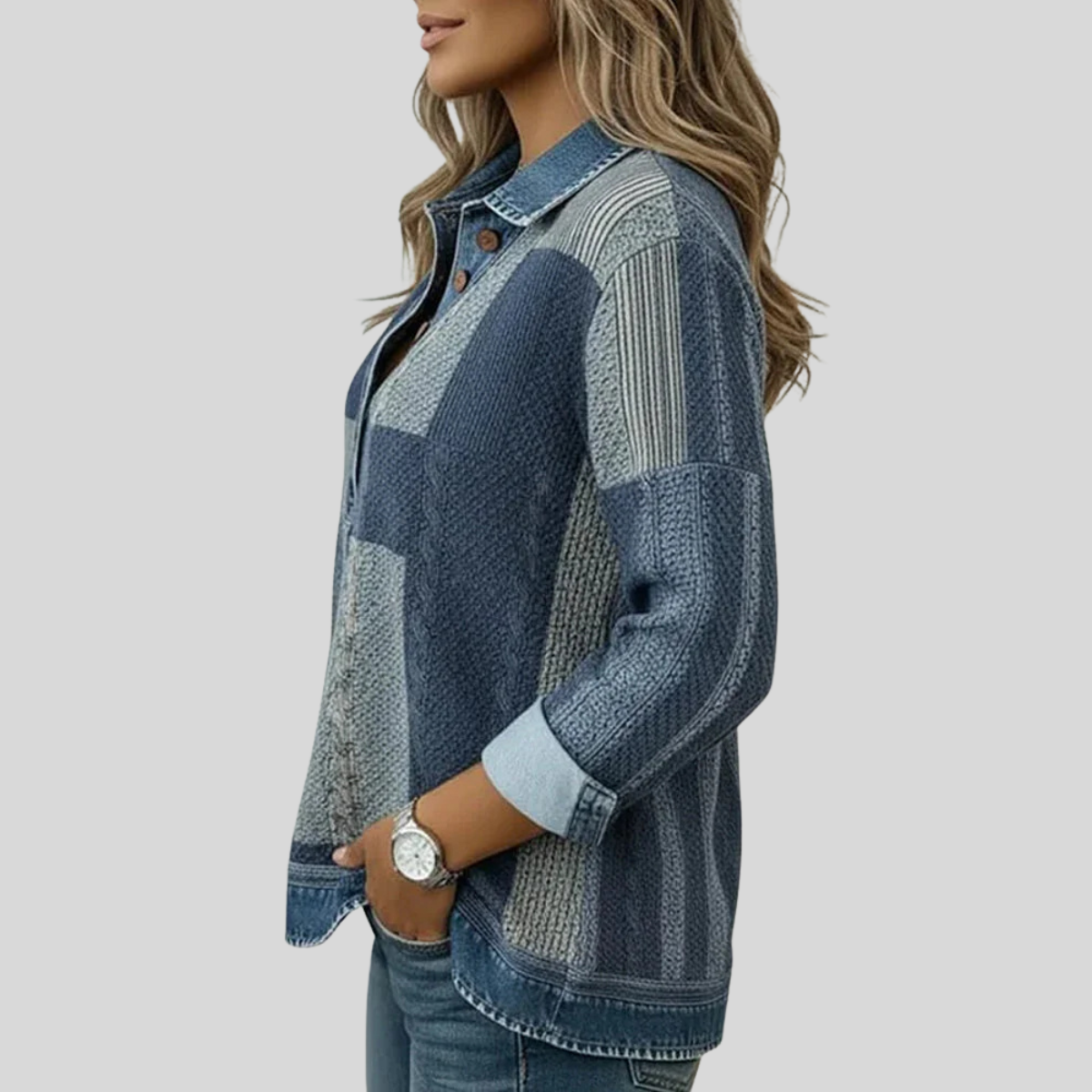 Patchwork Plaid Collared Quarter Button Long Sleeve Knit Pullover 4