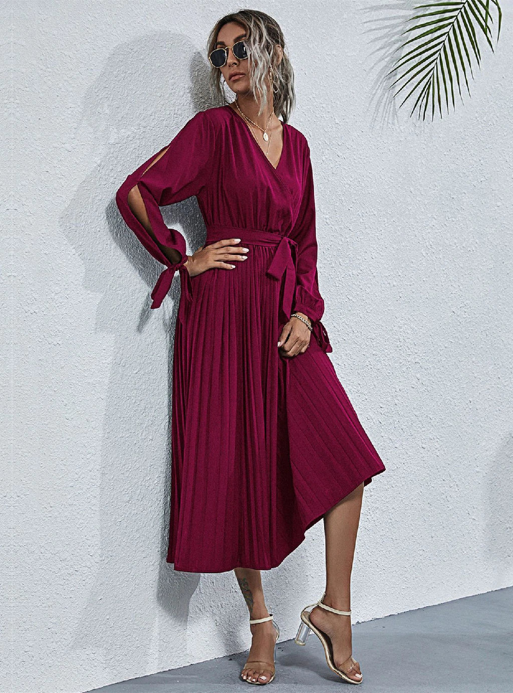 V-Neck Split Sleeve Tie Waist Pleated Wrap Midi Dress 4