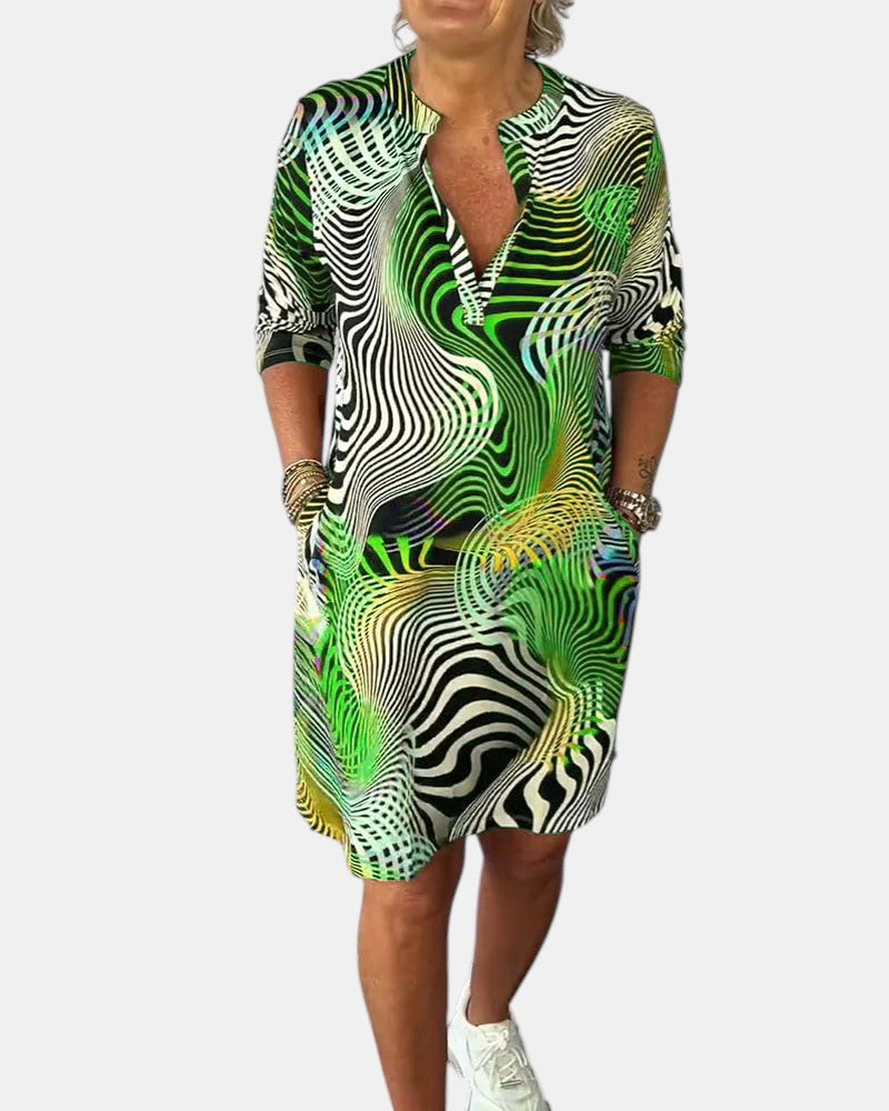 Abstract Print V-Neck Roll Sleeve Shirt Dress 5