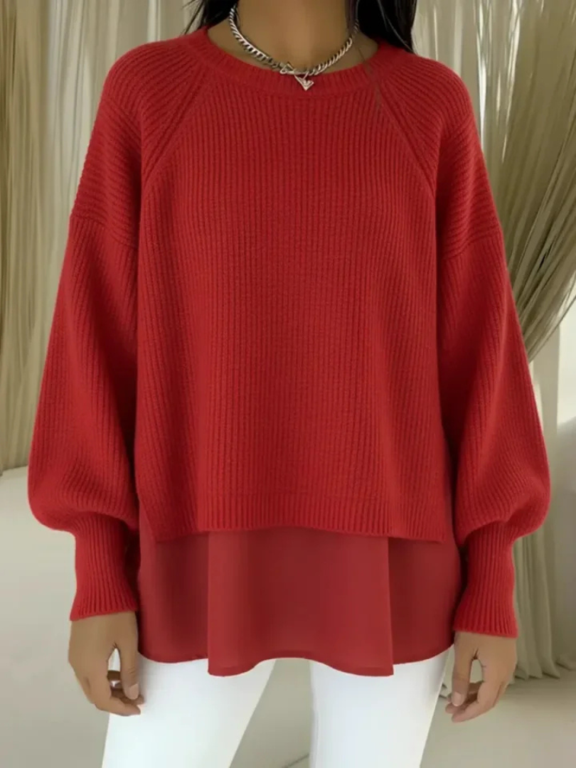 Crew Neck Layered Chiffon Hem Ribbed Knit Sweater 2