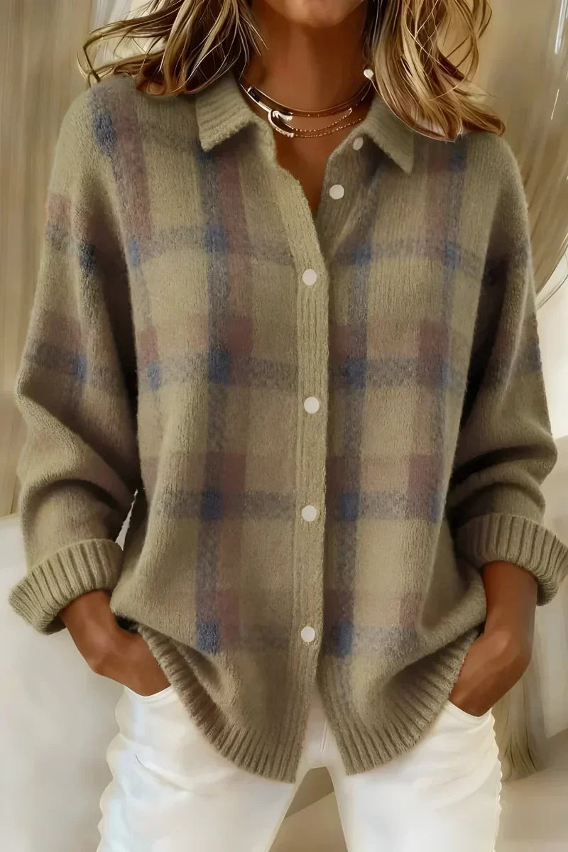 Plaid Collared Button Front Brushed Knit Cardigan