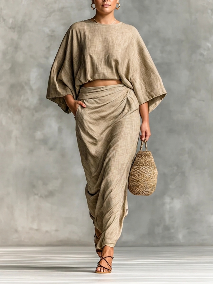 Dolman Sleeve Top and Ruched Maxi Skirt Two Piece Set 2