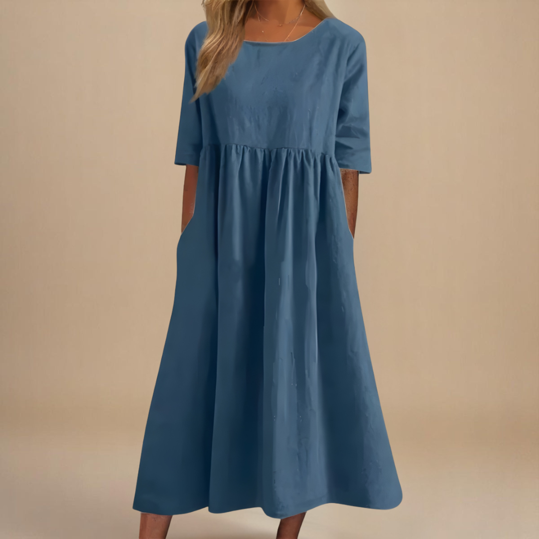 Crew Neck Short Sleeve Pocket Babydoll Midi Dress 2