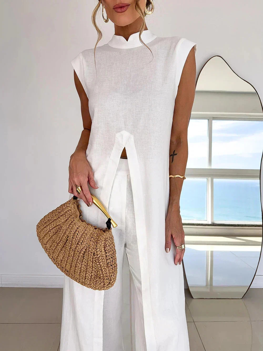 Sleeveless High Slit Longline Top and Wide Leg Pants Two Piece Set 4