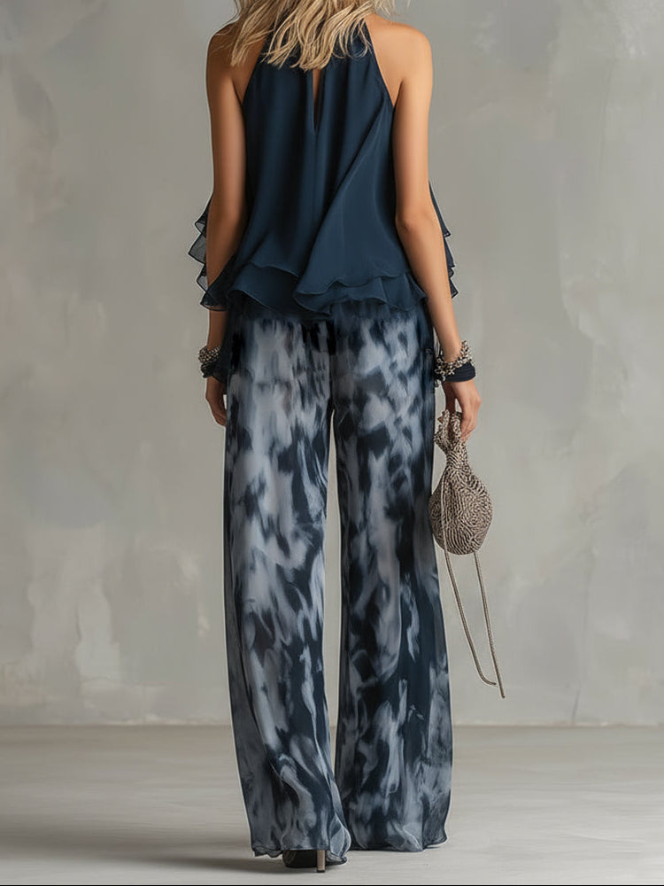 Halter Neck Ruffle Top and Tie Dye Wide Leg Pants Two Piece Set 4