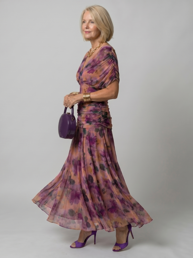 Floral Print Off Shoulder Twist Front Ruched Maxi Dress 2