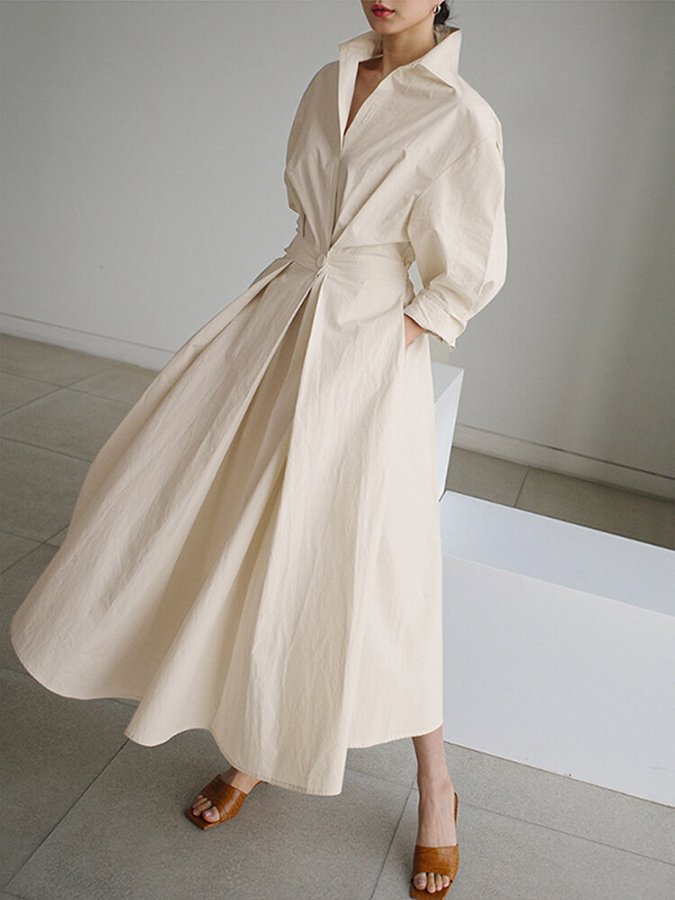 Collared Long Sleeve Pleated Waist A-Line Maxi Shirt Dress 2