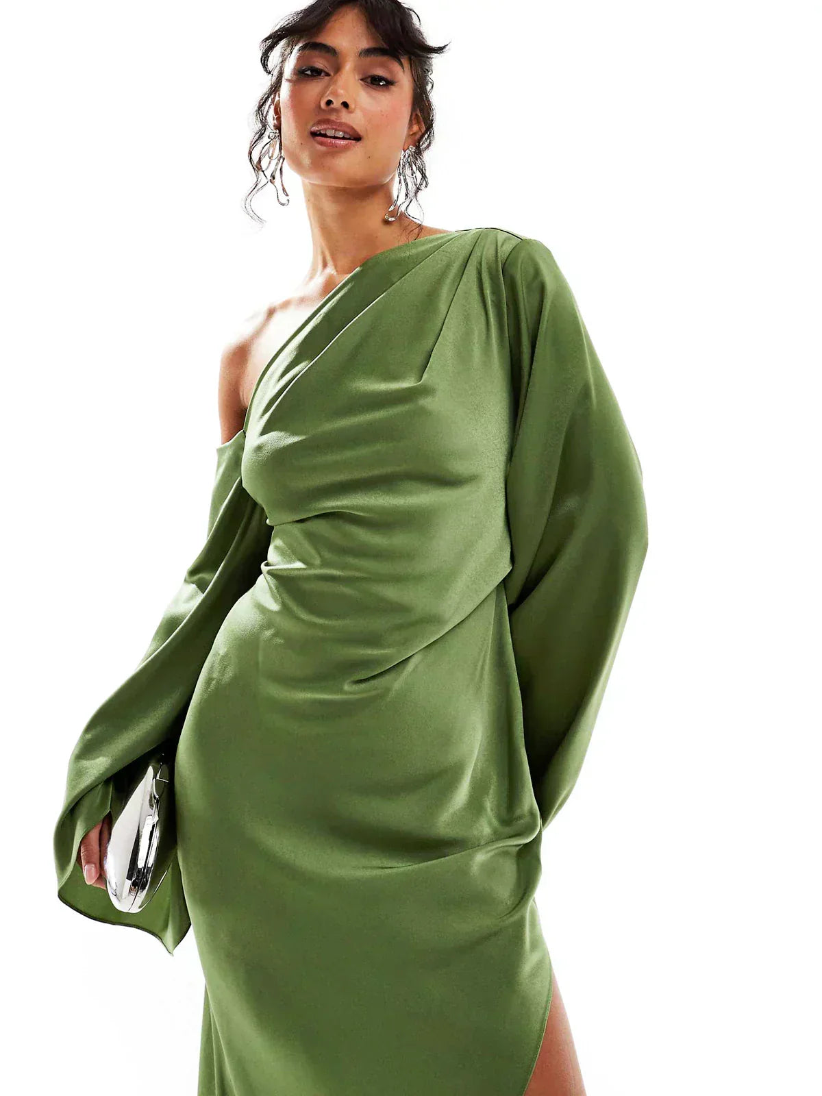 Green Asymmetrical Hem Satin Maxi Dress - View 3