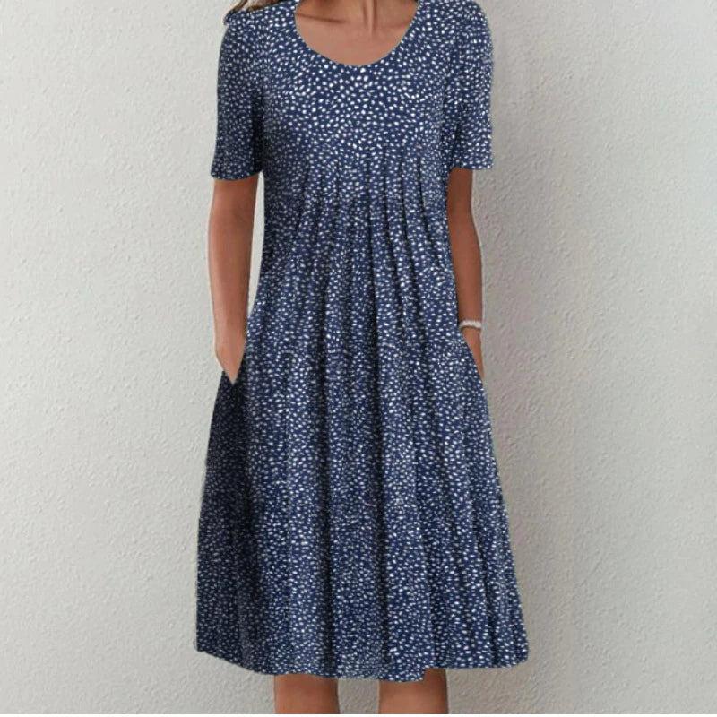 Short Sleeve Scoop Neck Gathered Bodice Pocket A-Line Midi Dress - View 5