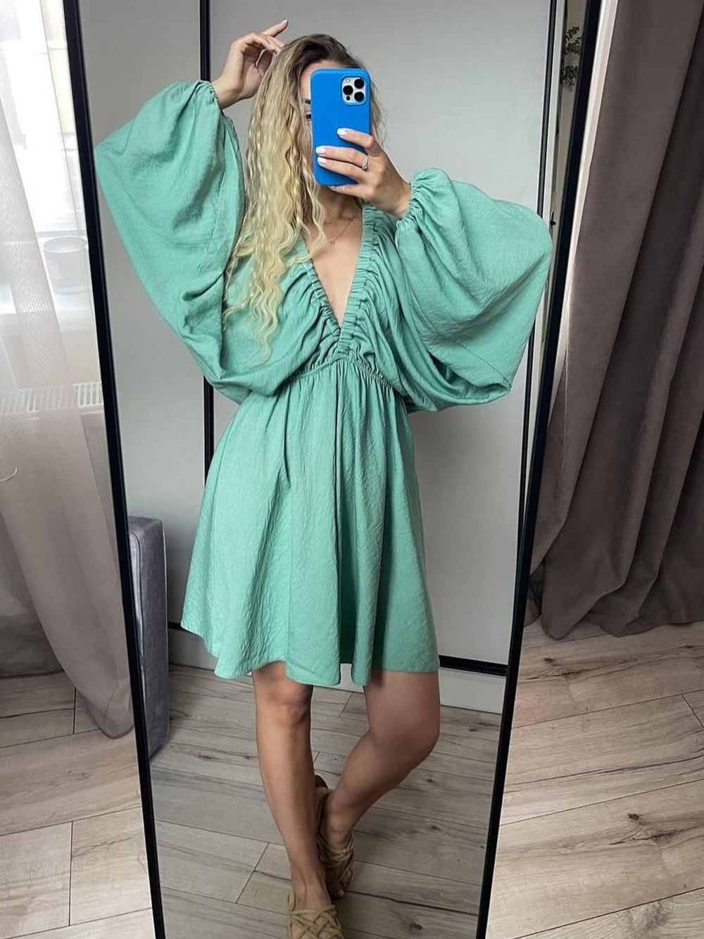 Deep V-Neck Balloon Sleeve Ruched Babydoll Mini Dress 12