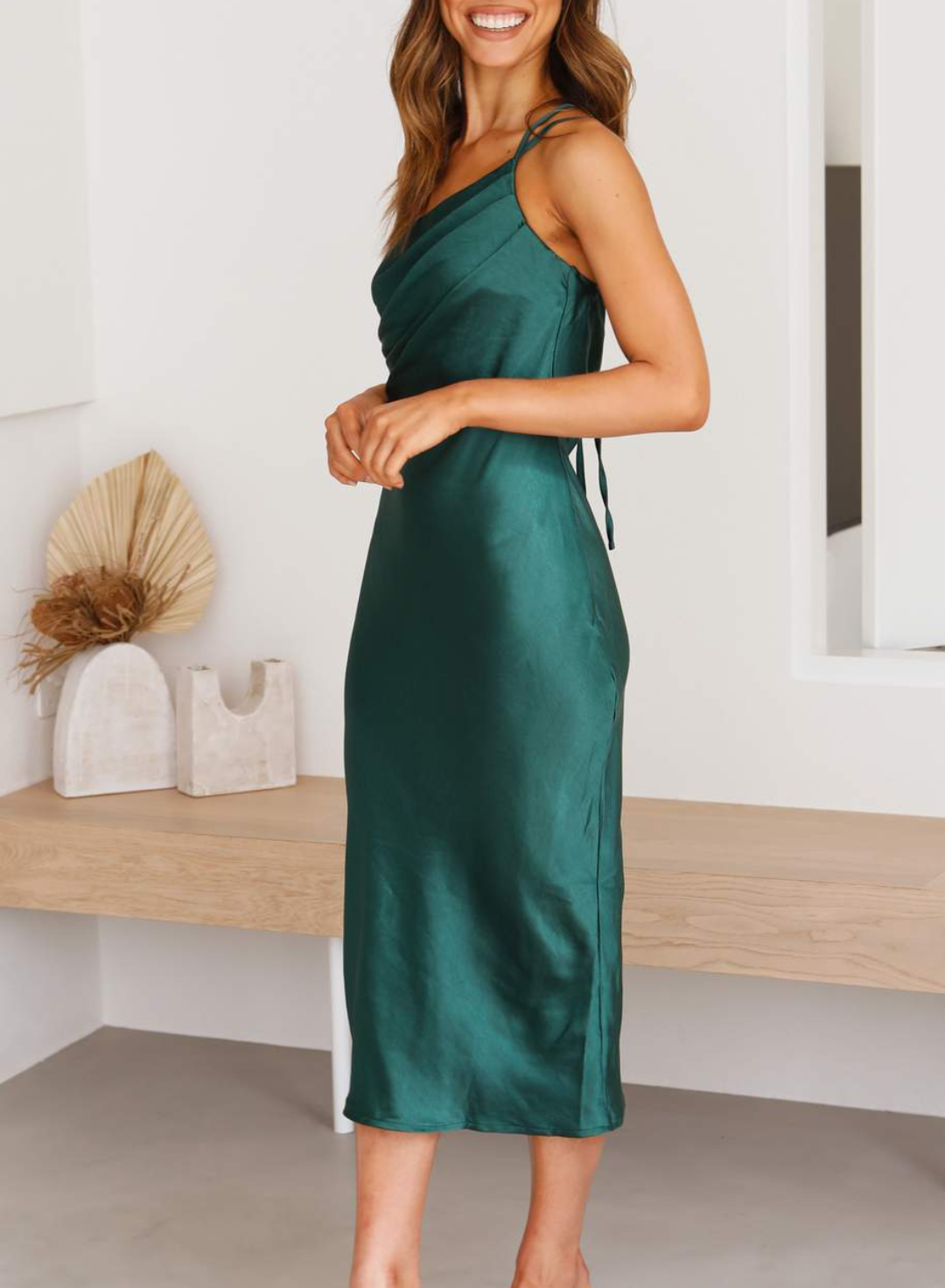 Satin One Shoulder Cowl Neck Spaghetti Strap Slip Midi Dress - View 6