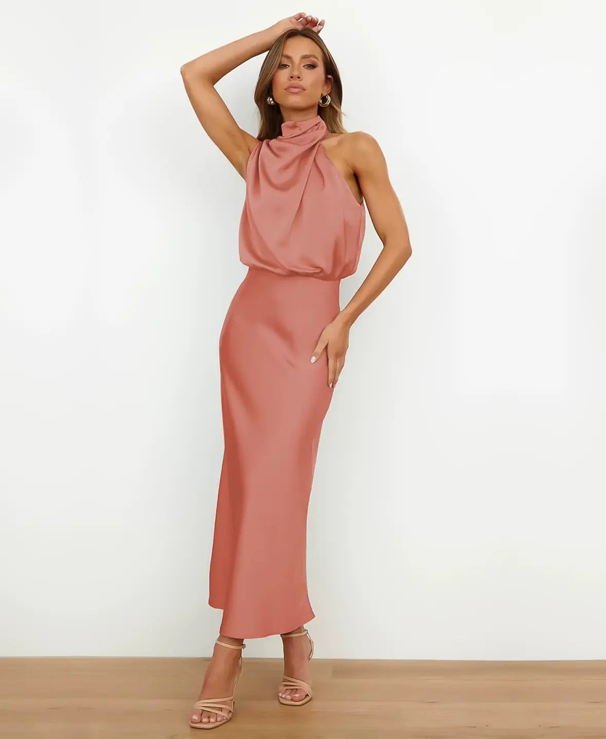 Satin Halter Neck Draped Cowl Bias Midi Dress 12
