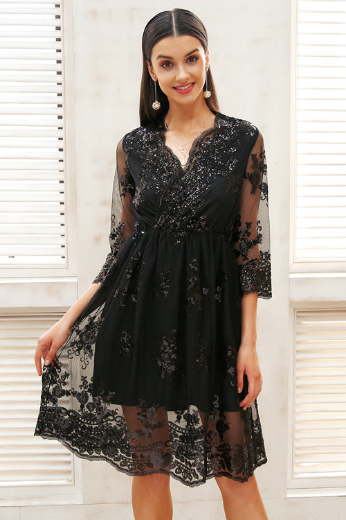 Sequin Floral Deep V-Neck Long Sleeve Wrap Mini Dress - View 4