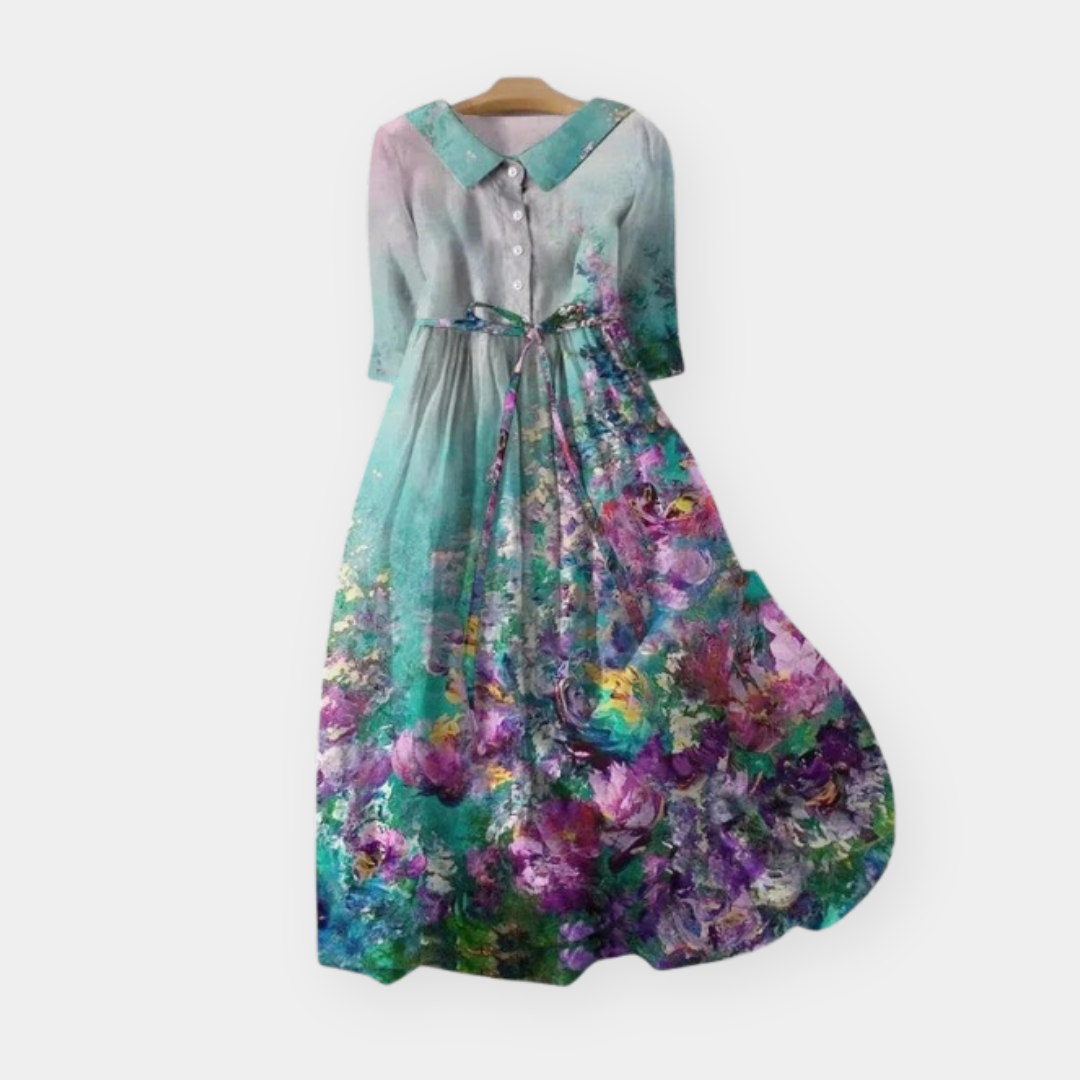 Watercolor Floral Collared Button Front Midi Dress