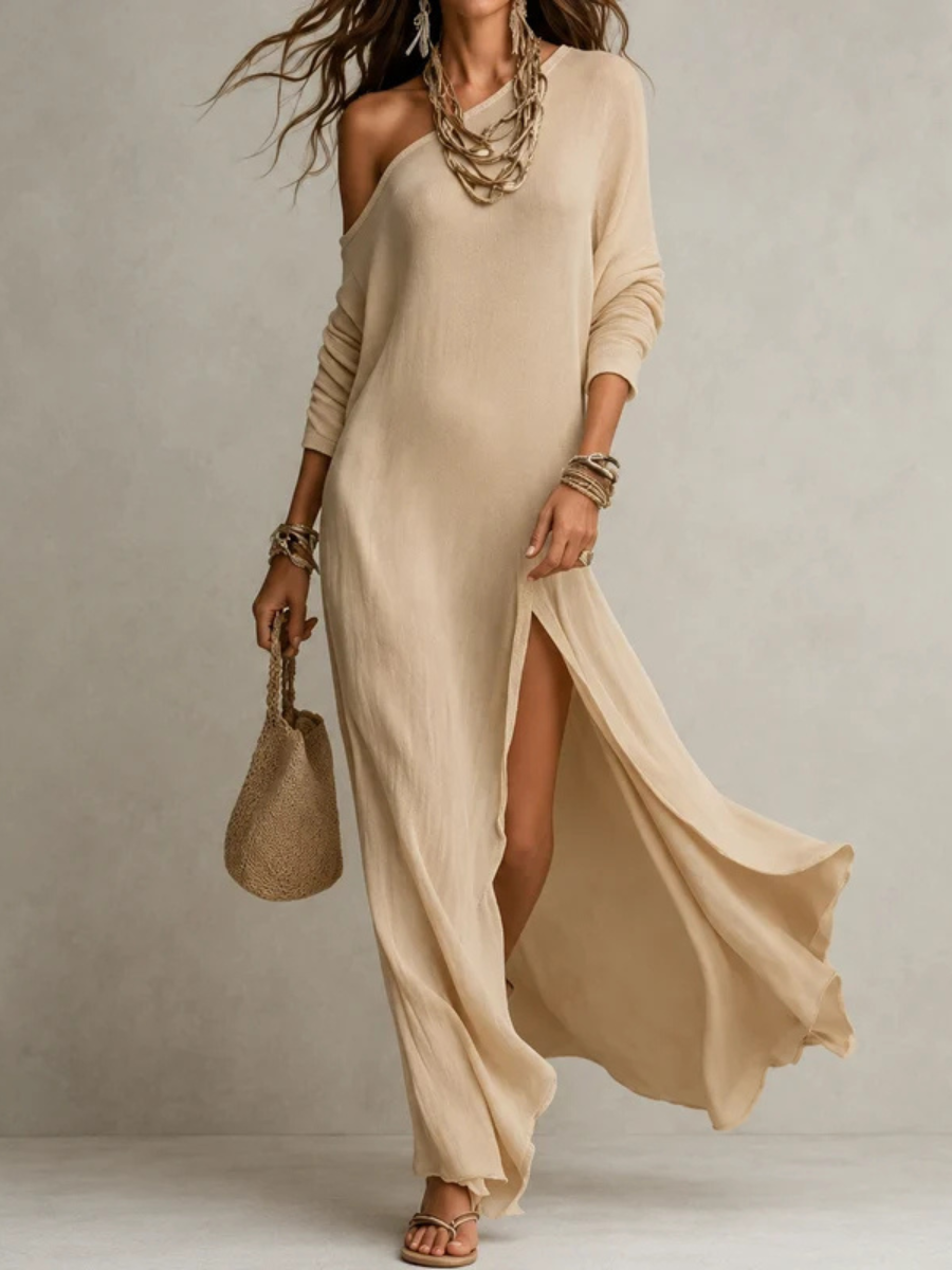 One Shoulder Long Sleeve Ribbed Knit High Split Maxi Dress 3