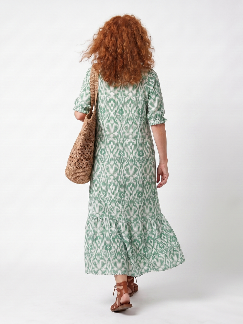 Ikat Print Tie Neck Roll Tab Sleeve Tiered Maxi Dress 4